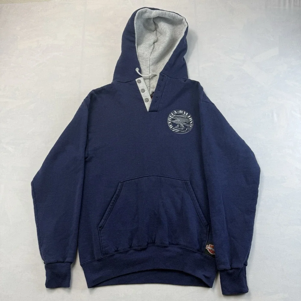 Vintage Harley Davidson Doc's St Louis MO Eagle USA Made Hoodie Mens M Blue